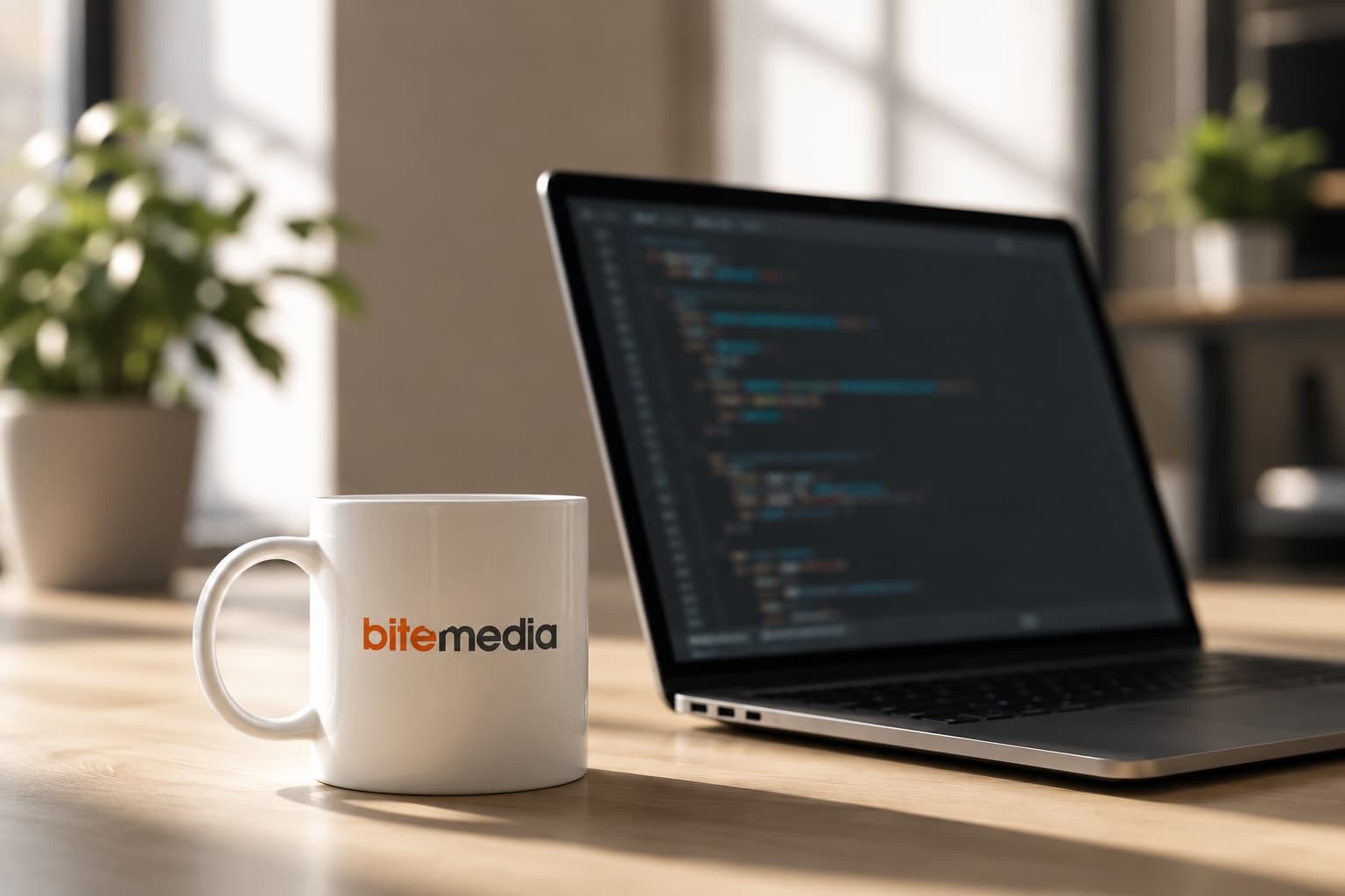 Laptop and BiteMedia mug on a desk in the Rotterdam studio